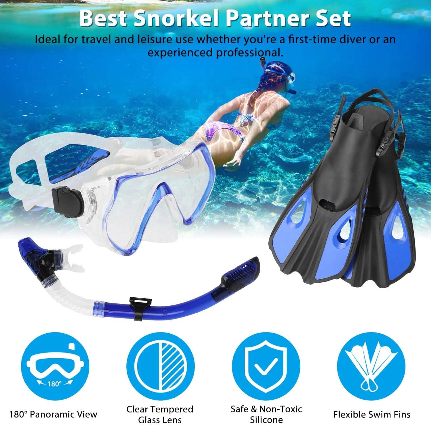 Snorkling Gear Mask Fin Set with Adjustable Swim Fins DailySale