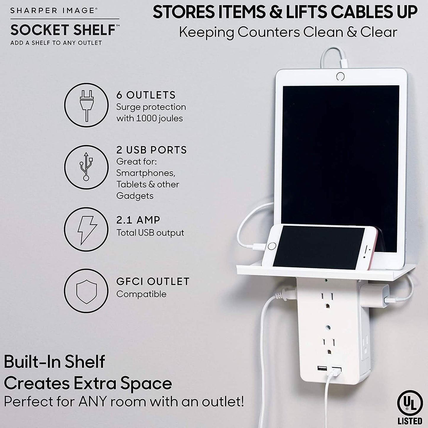 Socket Shelf 8 Port Surge Protector Wall Outlet, 6 Electrical Outlet Extenders, 2 USB Charging Ports DailySale