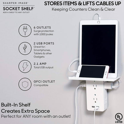 Socket Shelf 8 Port Surge Protector Wall Outlet, 6 Electrical Outlet Extenders, 2 USB Charging Ports DailySale