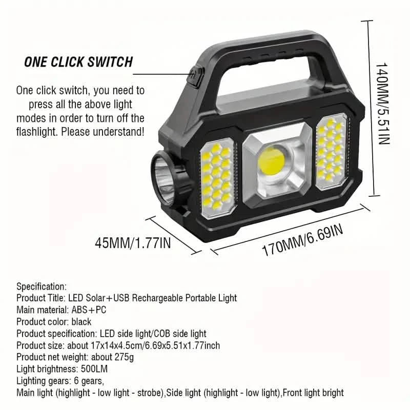 Solar Portable Flashlight & Handheld Searchlight with Side Lights DailySale