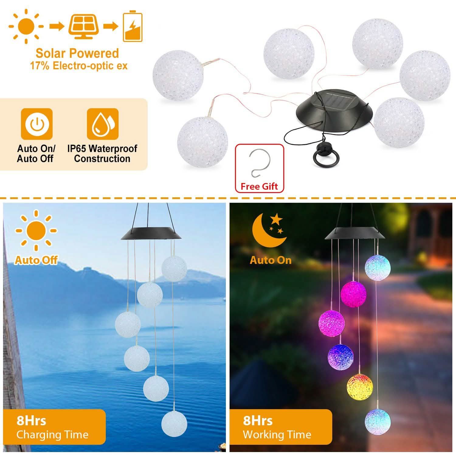 Solar Powered LED Ball Wind Chimes - Color Changing LED String Light DailySale