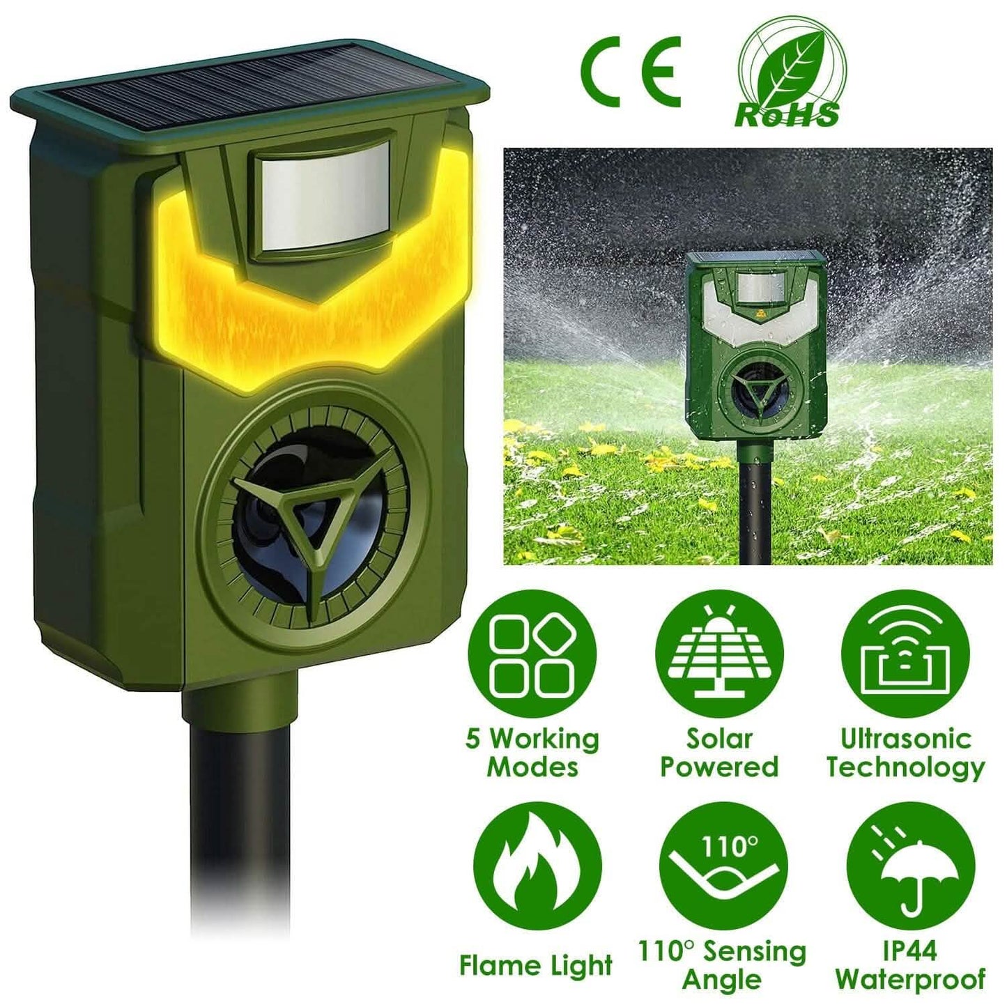 Solar Ultrasonic Animal Repeller with Flame Light USB Charge Motion Sensor DailySale
