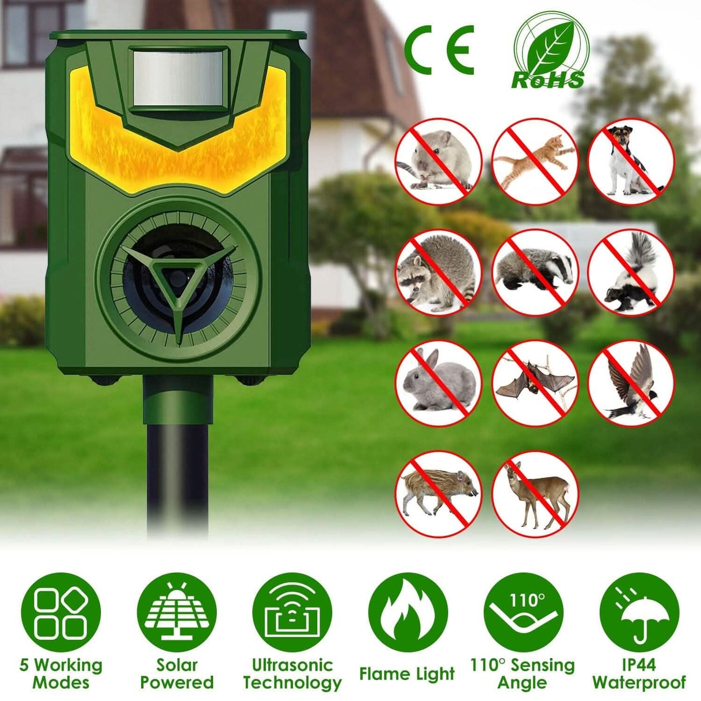 Solar Ultrasonic Animal Repeller with Flame Light USB Charge Motion Sensor DailySale
