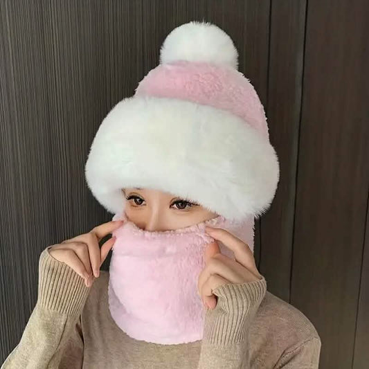 Solid Color Thickened Plush Neck Gaiter Mask Windproof Hooded Ear Protection Windproof Ski Hat DailySale