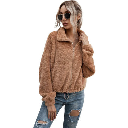 Solid Drawstring Hem Crop Teddy Jacket DailySale