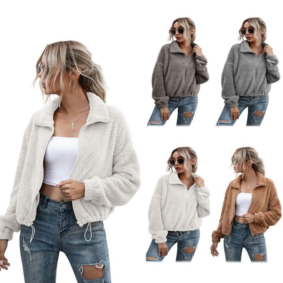 Solid Drawstring Hem Crop Teddy Jacket DailySale