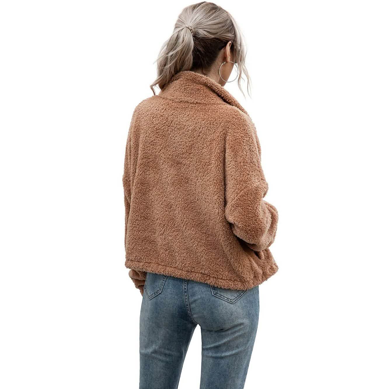 Solid Drawstring Hem Crop Teddy Jacket DailySale