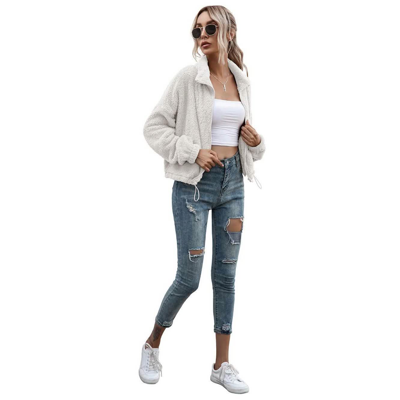 Solid Drawstring Hem Crop Teddy Jacket DailySale