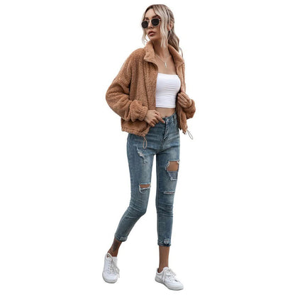 Solid Drawstring Hem Crop Teddy Jacket DailySale