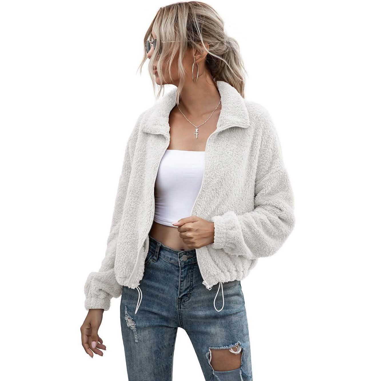 Solid Drawstring Hem Crop Teddy Jacket DailySale