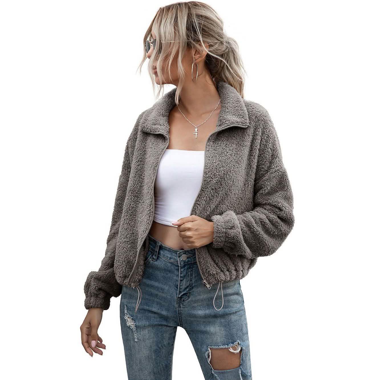 Solid Drawstring Hem Crop Teddy Jacket DailySale
