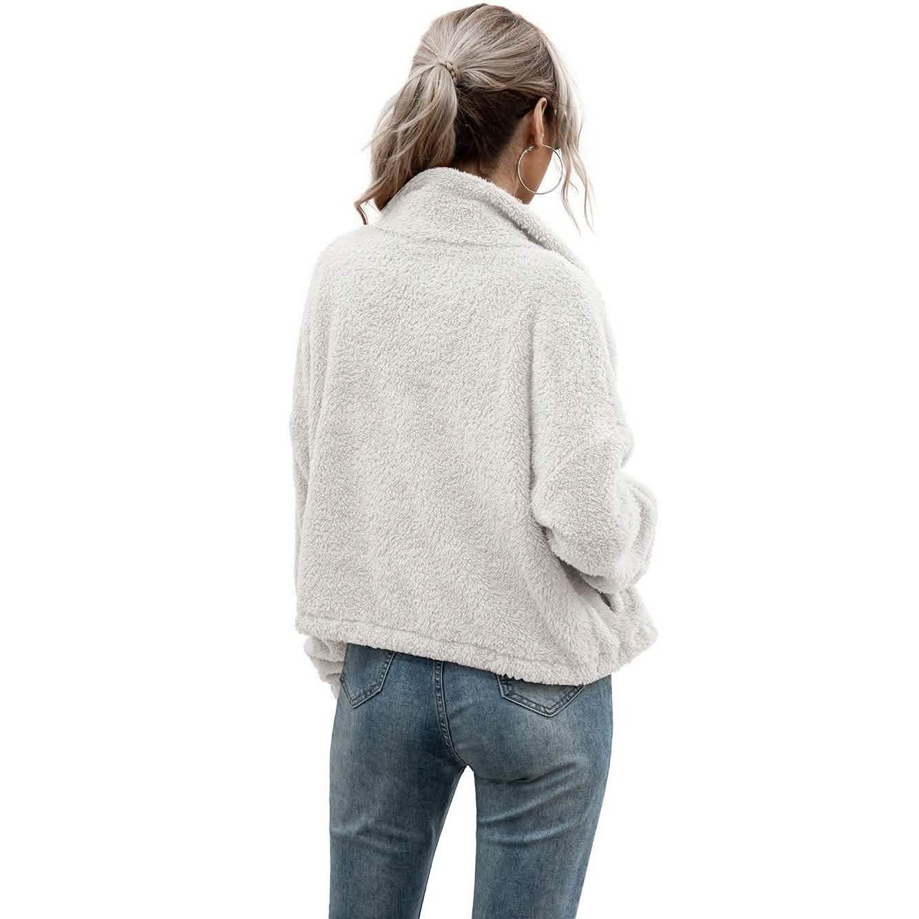 Solid Drawstring Hem Crop Teddy Jacket DailySale