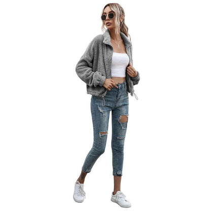 Solid Drawstring Hem Crop Teddy Jacket DailySale