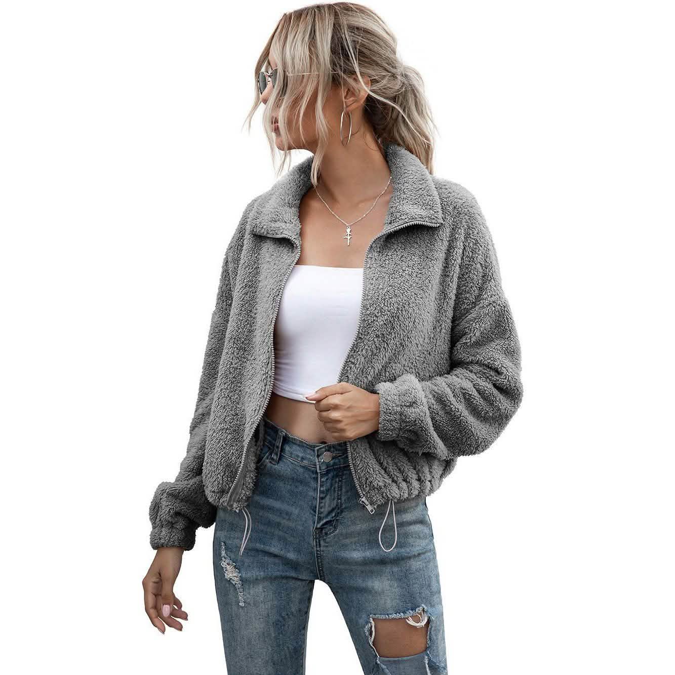Solid Drawstring Hem Crop Teddy Jacket DailySale