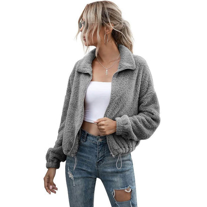 Solid Drawstring Hem Crop Teddy Jacket DailySale