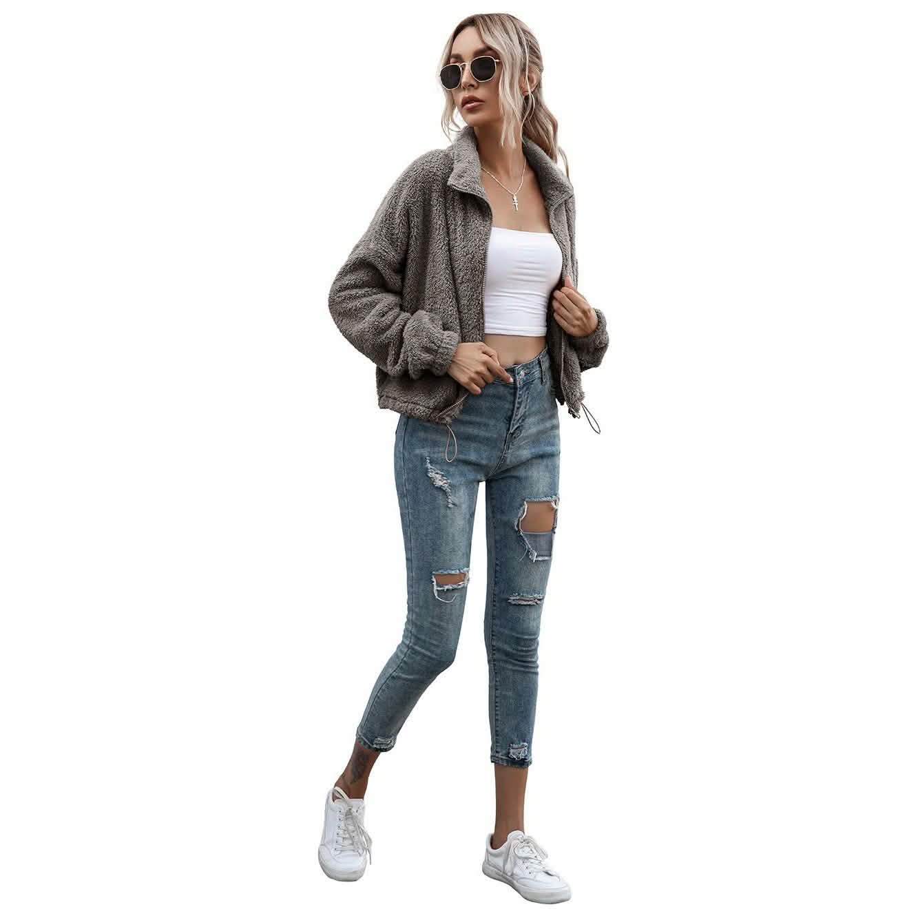 Solid Drawstring Hem Crop Teddy Jacket DailySale