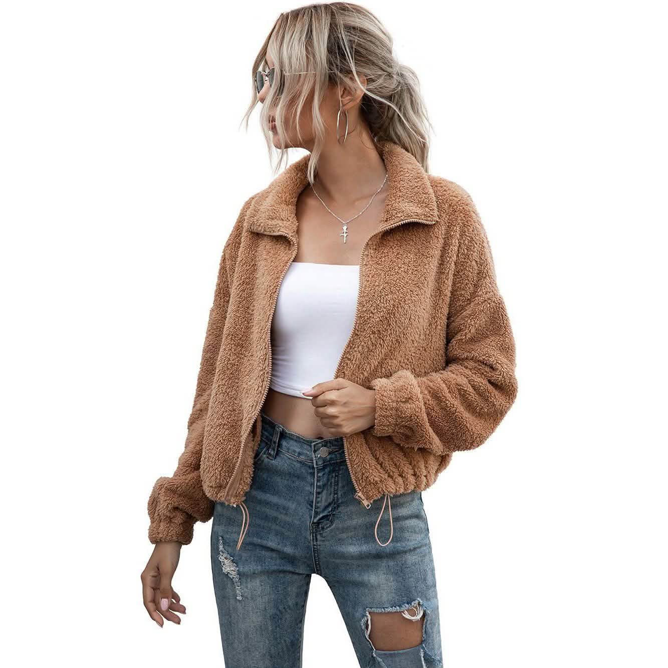 Solid Drawstring Hem Crop Teddy Jacket DailySale
