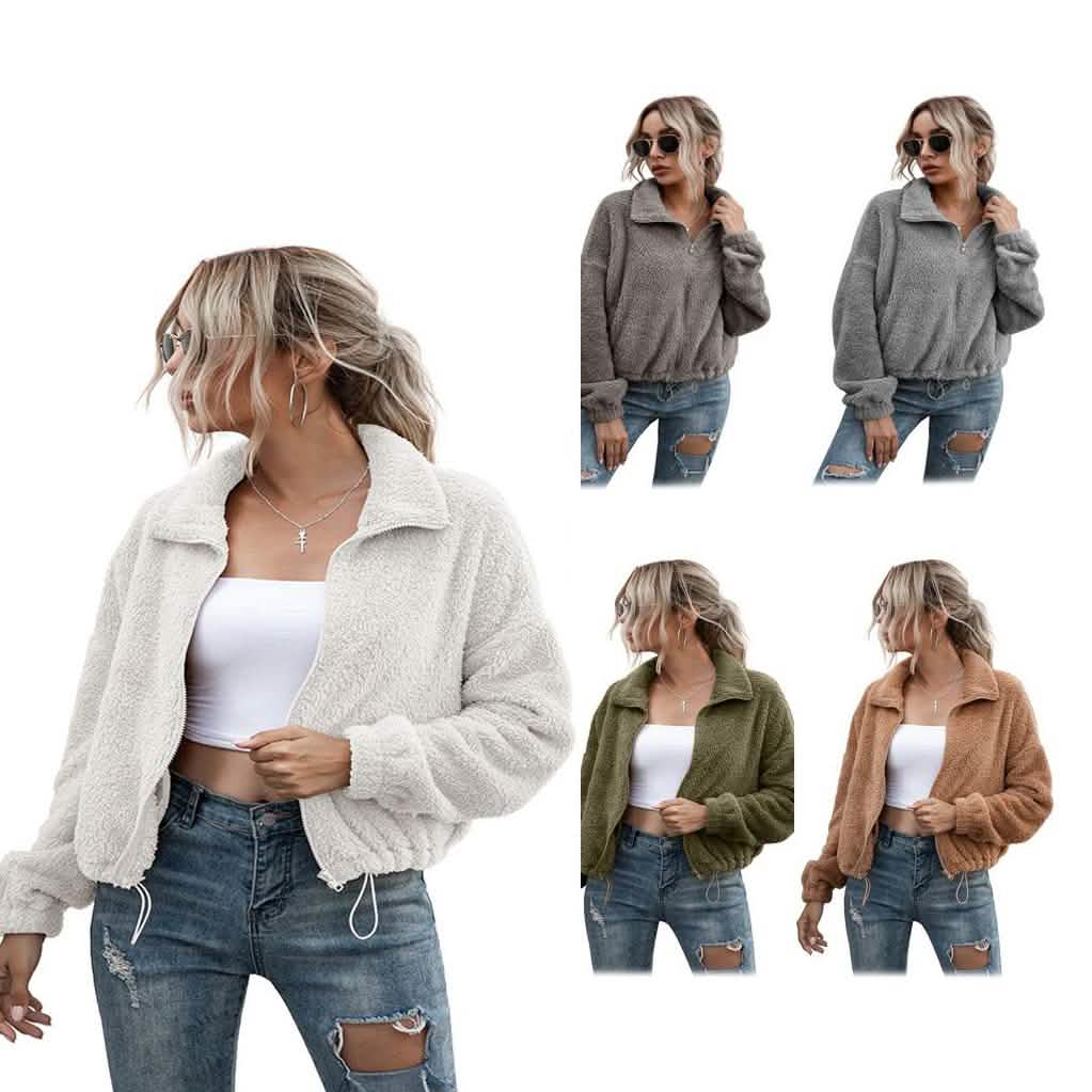 Solid Drawstring Hem Crop Teddy Jacket DailySale