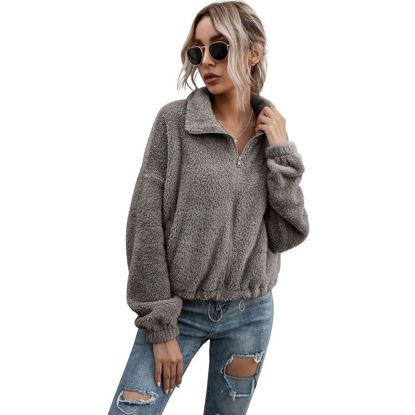 Solid Drawstring Hem Crop Teddy Jacket DailySale