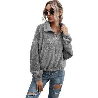 Solid Drawstring Hem Crop Teddy Jacket DailySale