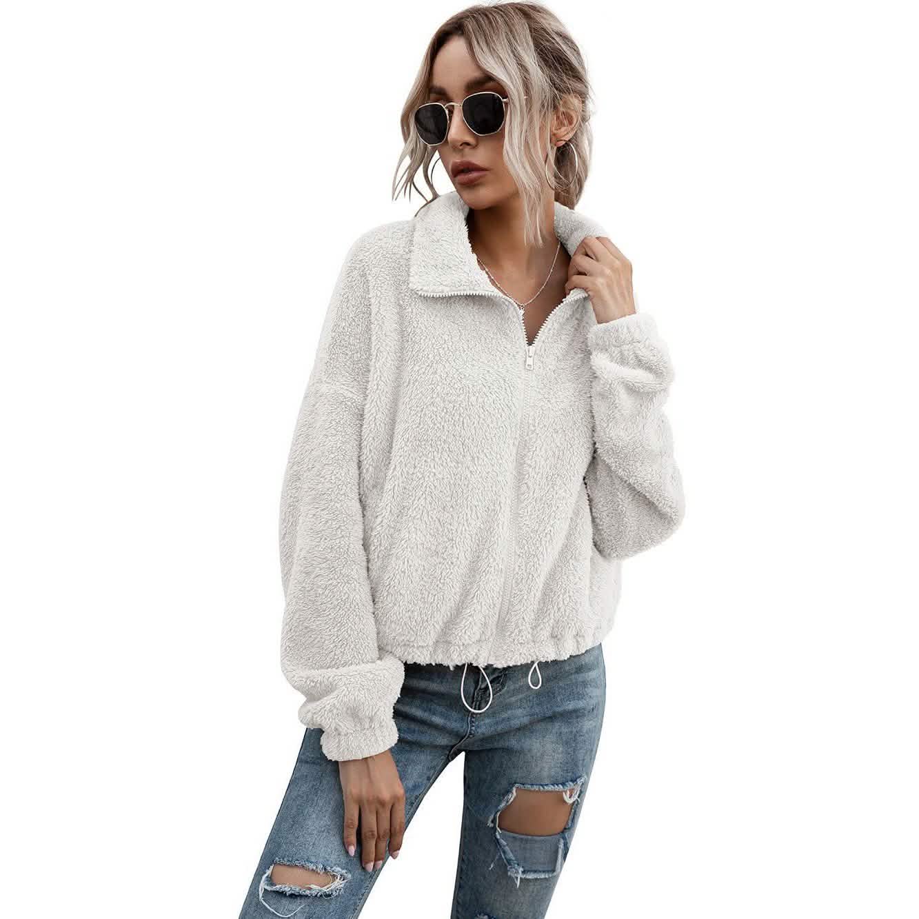 Solid Drawstring Hem Crop Teddy Jacket DailySale