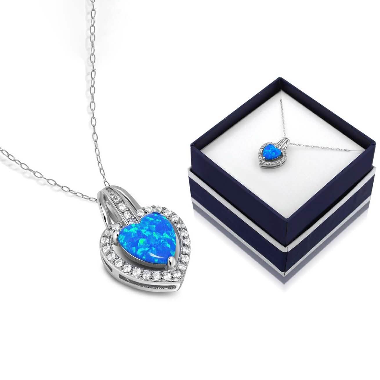 Solid Sterling Silver Blue Opal Heart Halo Necklace With Gift Box By MUIBLU Gems DailySale