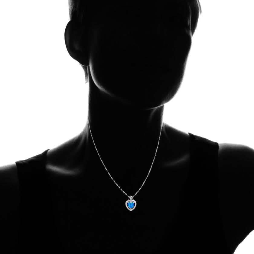 Solid Sterling Silver Blue Opal Heart Halo Necklace With Gift Box By MUIBLU Gems DailySale