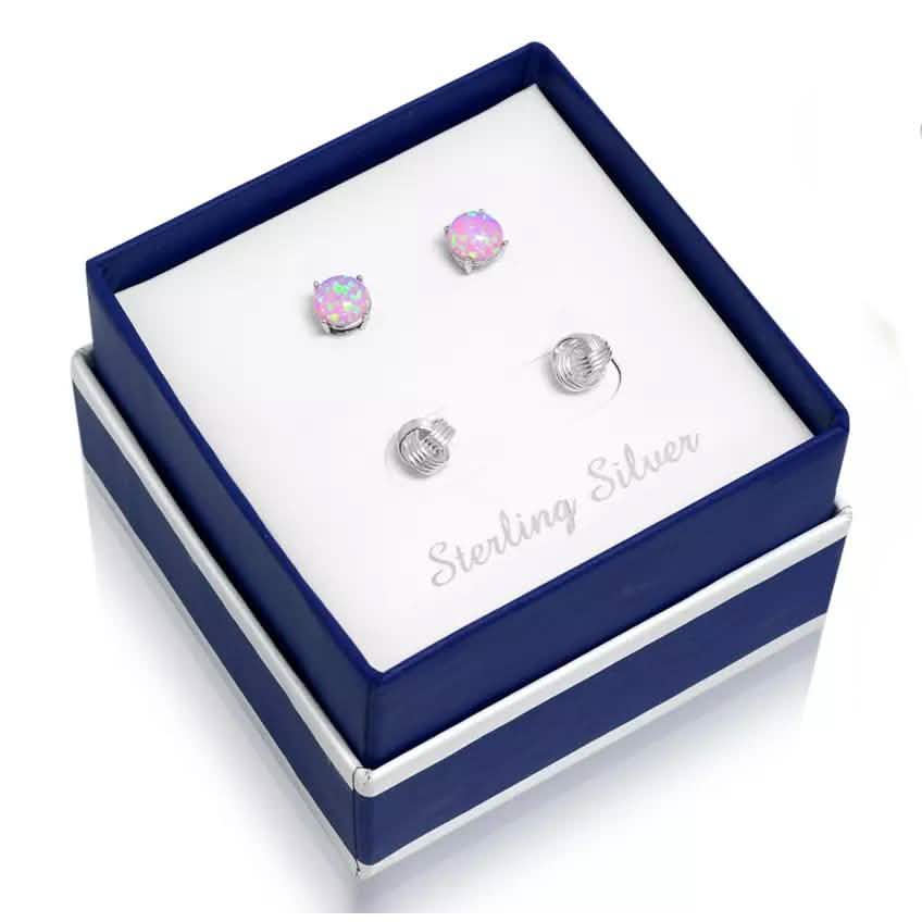 Solid Sterling Silver Love Knot And Pink Opal Earring Set DailySale