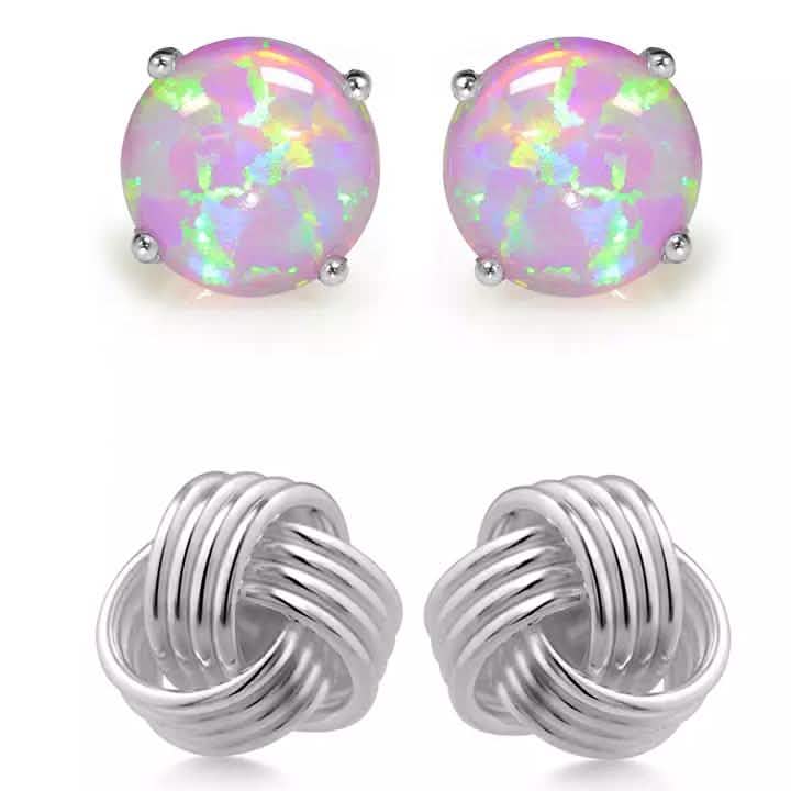 Solid Sterling Silver Love Knot And Pink Opal Earring Set DailySale
