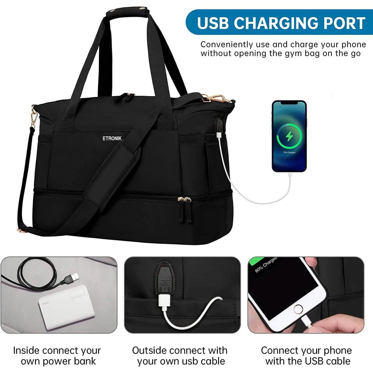Sports Travel Duffel Bag with USB Charging Port DailySale
