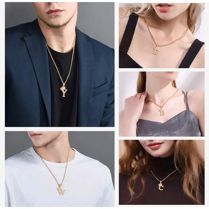 Stainless Steel Gold Overlay Hip Hop Crown A-Z Letters Necklace for Men and Women DailySale