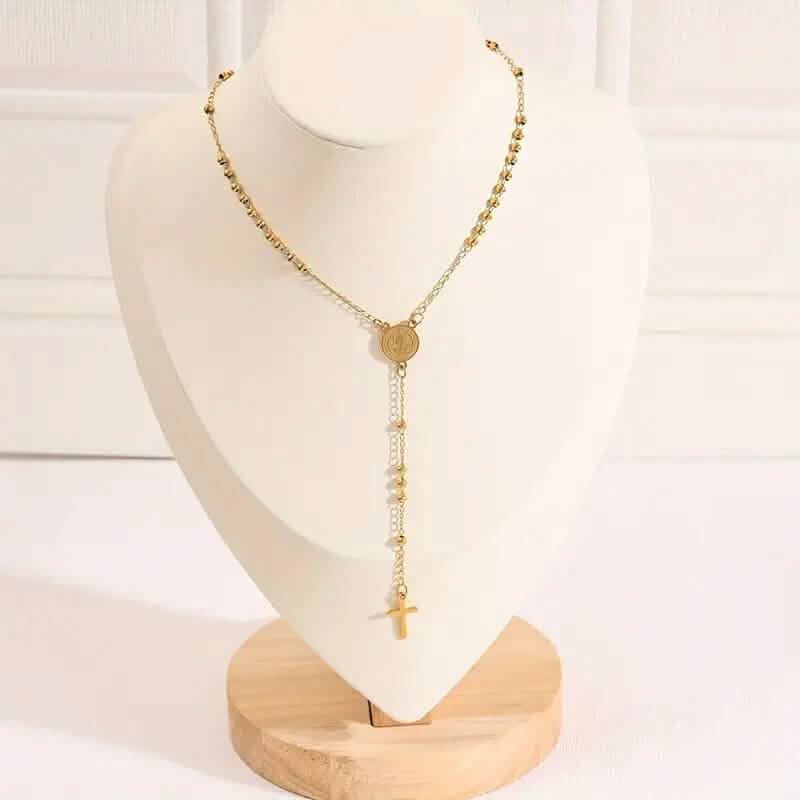 Stainless Steel St. Benedict Pattern Golden Rosary Cross Pendant Necklace DailySale