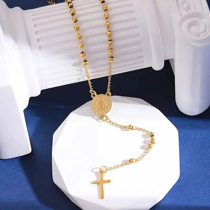 Stainless Steel St. Benedict Pattern Golden Rosary Cross Pendant Necklace DailySale