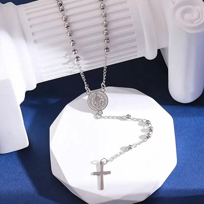 Stainless Steel St. Benedict Pattern Golden Rosary Cross Pendant Necklace DailySale