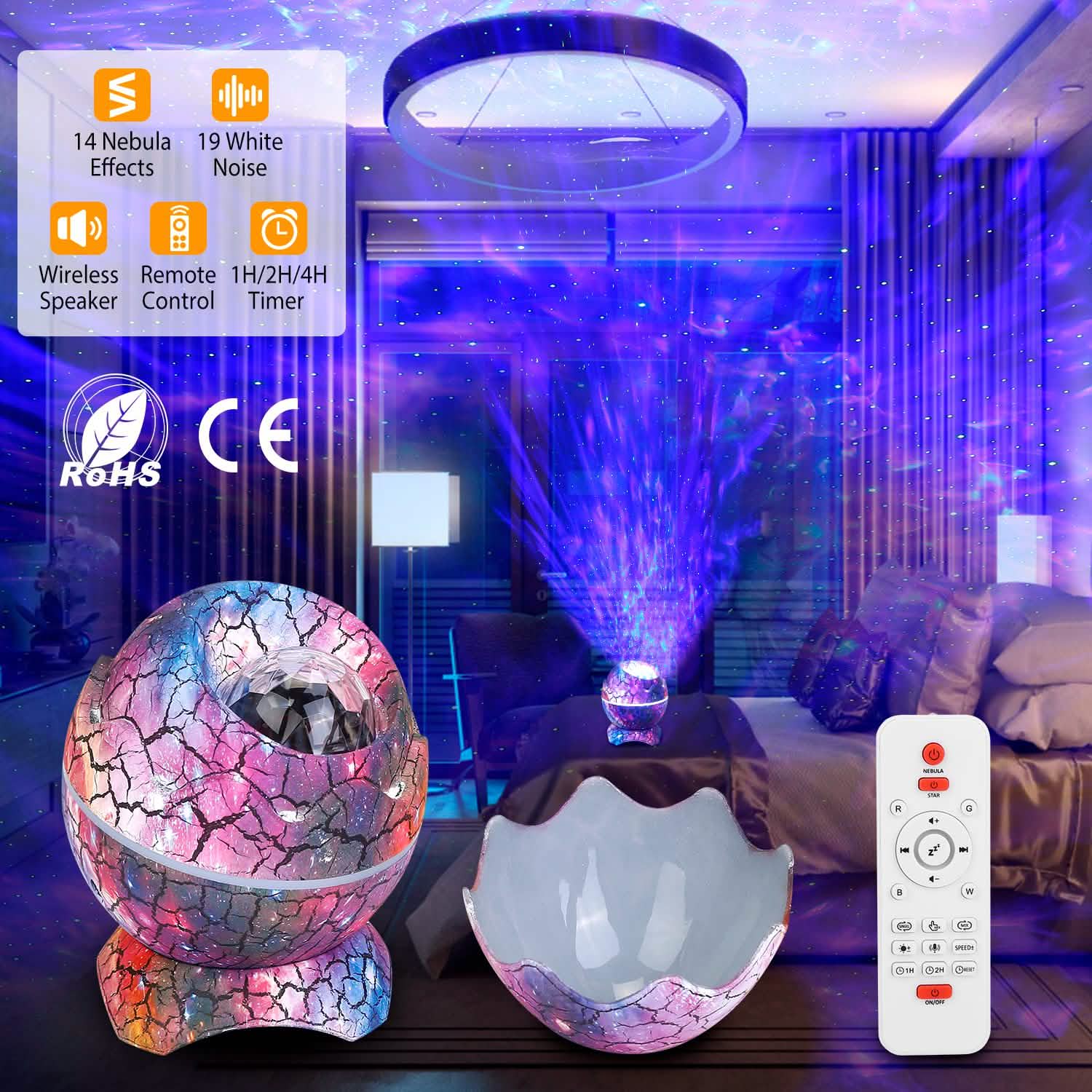 Star Project Lamp Galaxy Light Dinosaur Egg with Wireless Speaker and Remote Control DailySale