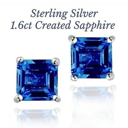 Sterling Silver 1.6 Created Sapphire Square Shape Stud Earring DailySale