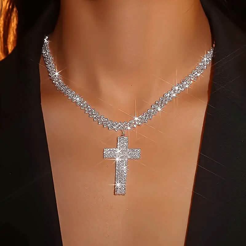 Sterling Silver 925 Luxury Cross Pendant Necklace with Multi-Layer Zircon and Sparkling Rhinestones DailySale