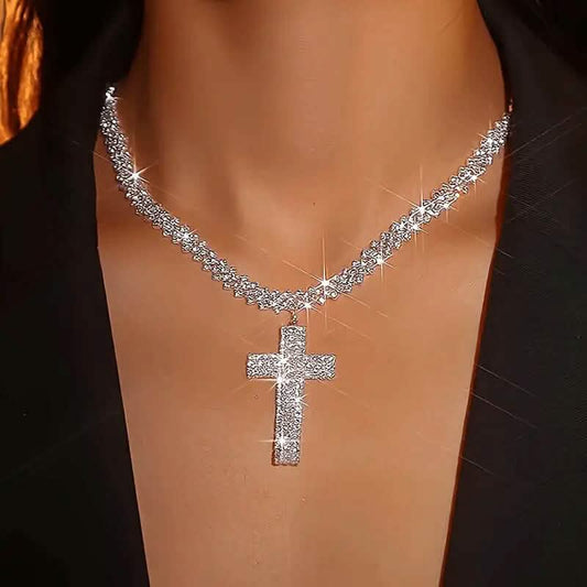 Sterling Silver 925 Luxury Cross Pendant Necklace with Multi-Layer Zircon and Sparkling Rhinestones DailySale