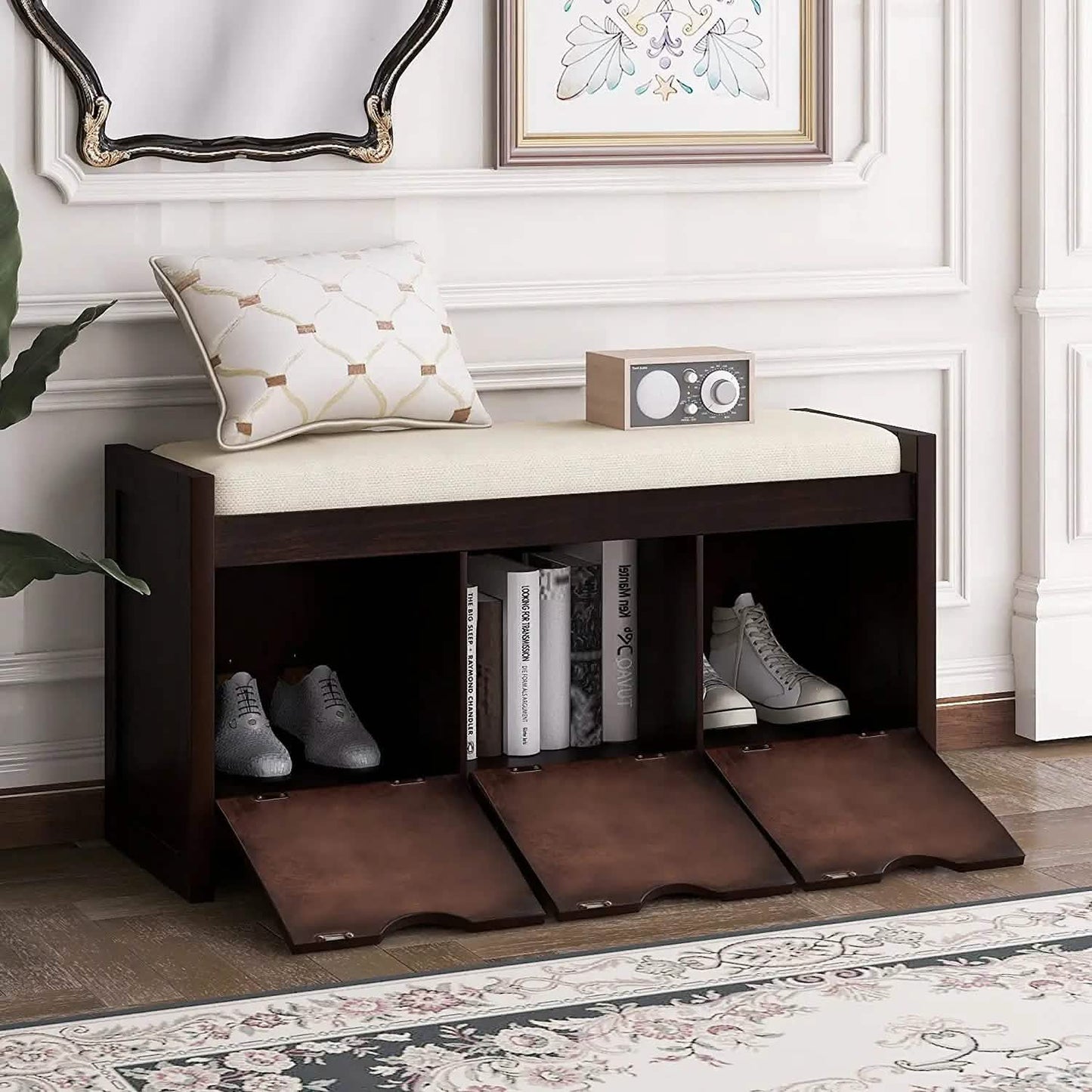 Storage Bench with Removable Cushion and 3 Flip Lock Storage Cubbies DailySale