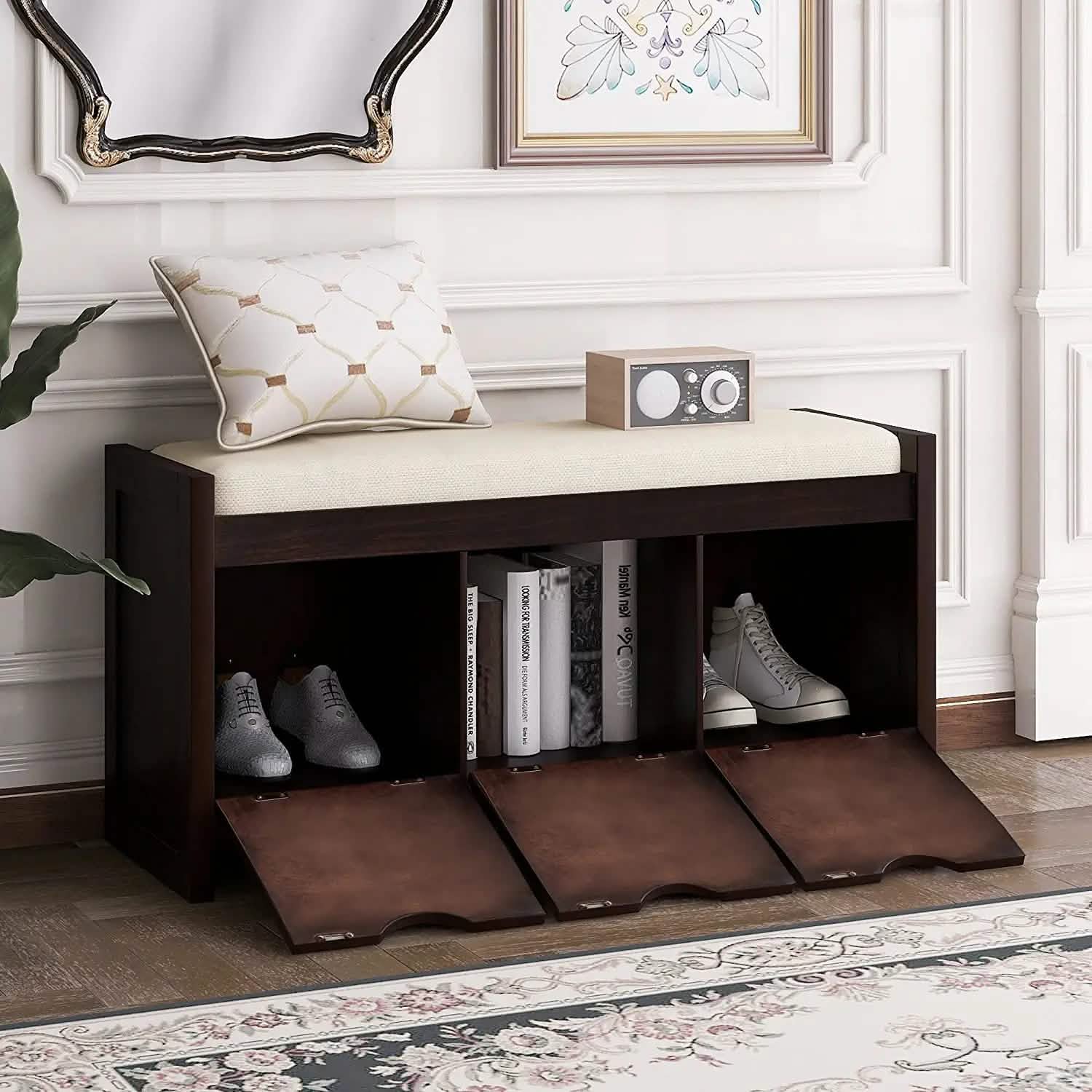 Storage Bench with Removable Cushion and 3 Flip Lock Storage Cubbies DailySale