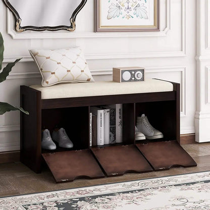 Storage Bench with Removable Cushion and 3 Flip Lock Storage Cubbies DailySale