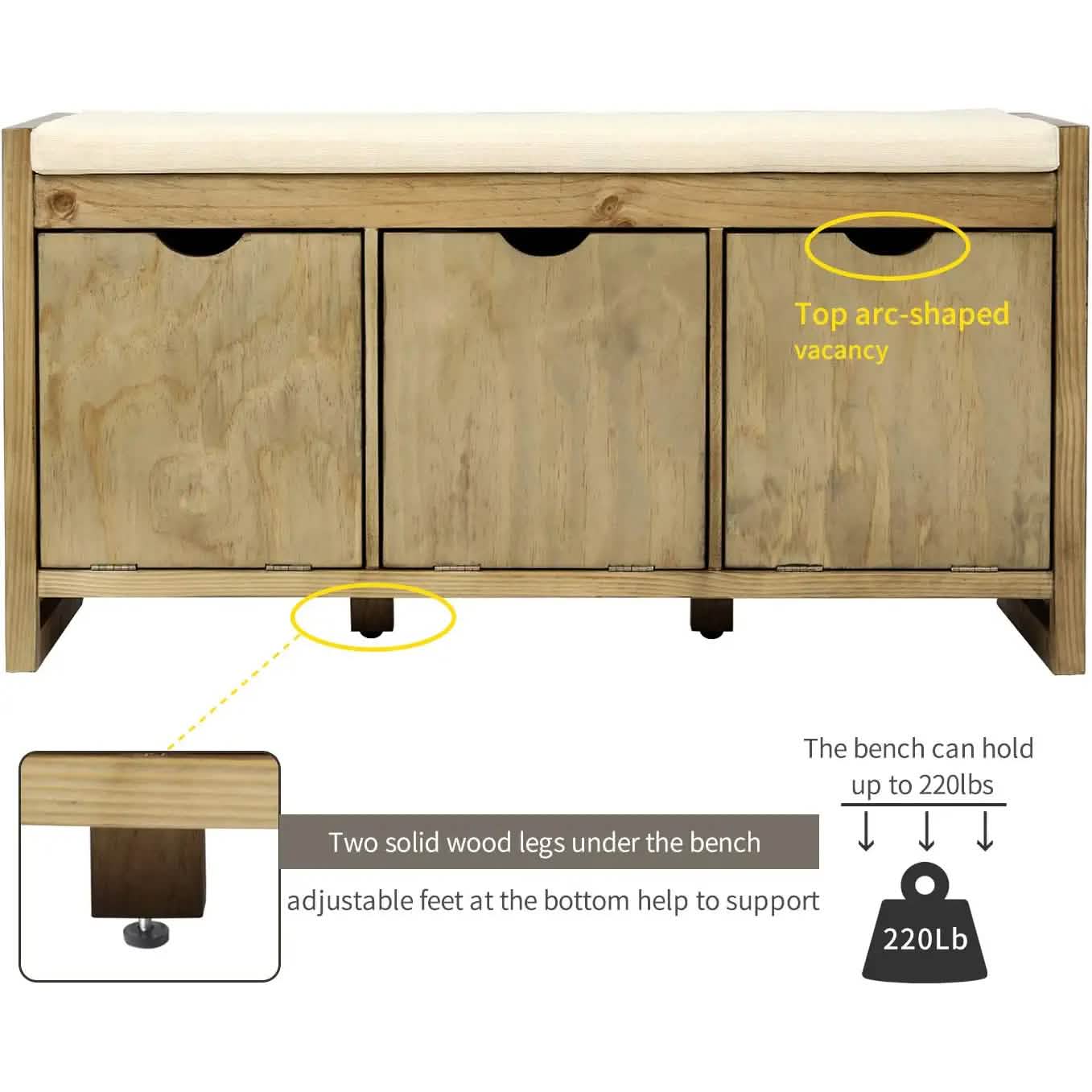Storage Bench with Removable Cushion and 3 Flip Lock Storage Cubbies DailySale