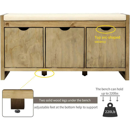 Storage Bench with Removable Cushion and 3 Flip Lock Storage Cubbies DailySale