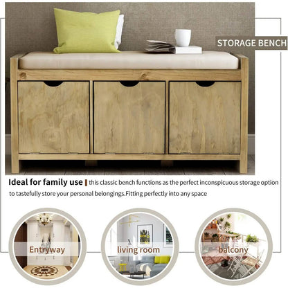 Storage Bench with Removable Cushion and 3 Flip Lock Storage Cubbies DailySale