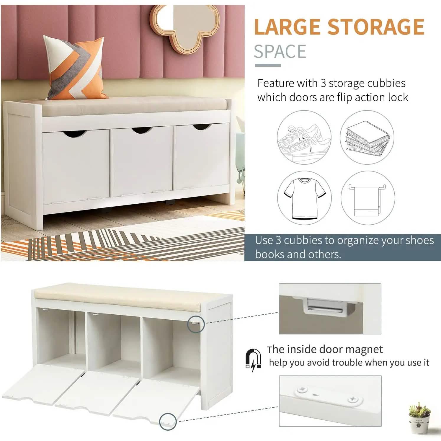 Storage Bench with Removable Cushion and 3 Flip Lock Storage Cubbies DailySale