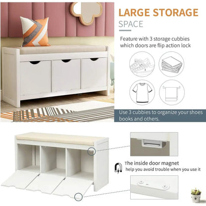 Storage Bench with Removable Cushion and 3 Flip Lock Storage Cubbies DailySale
