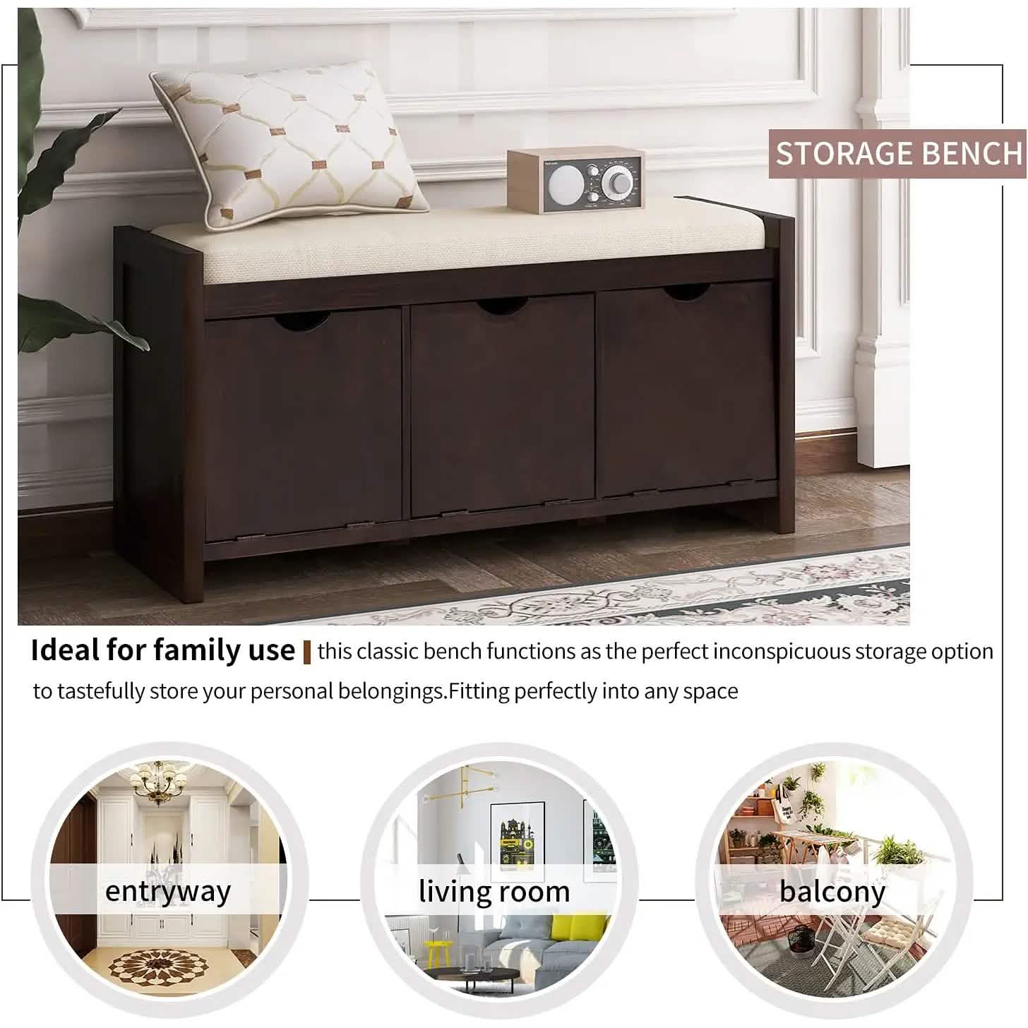 Storage Bench with Removable Cushion and 3 Flip Lock Storage Cubbies DailySale