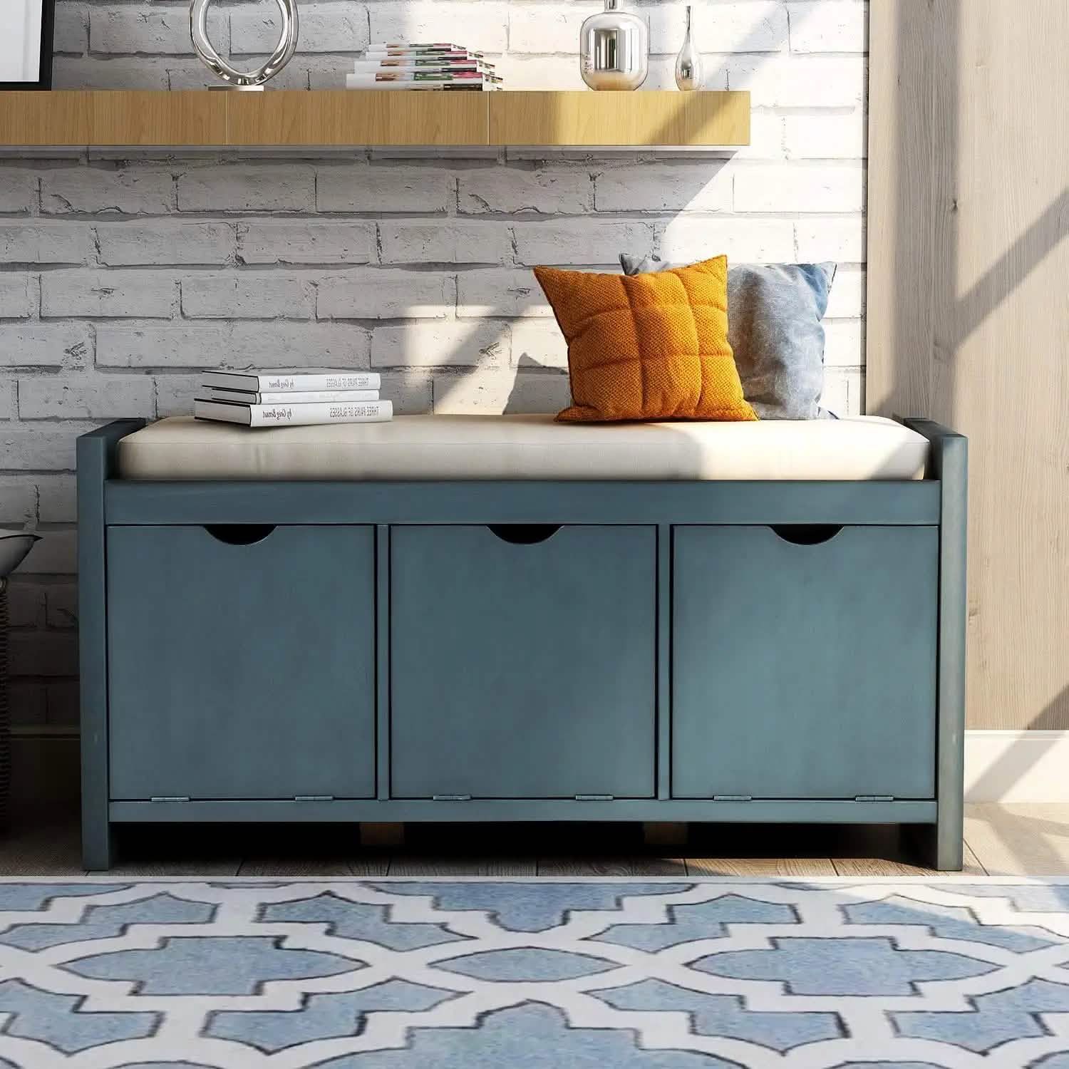 Storage Bench with Removable Cushion and 3 Flip Lock Storage Cubbies DailySale
