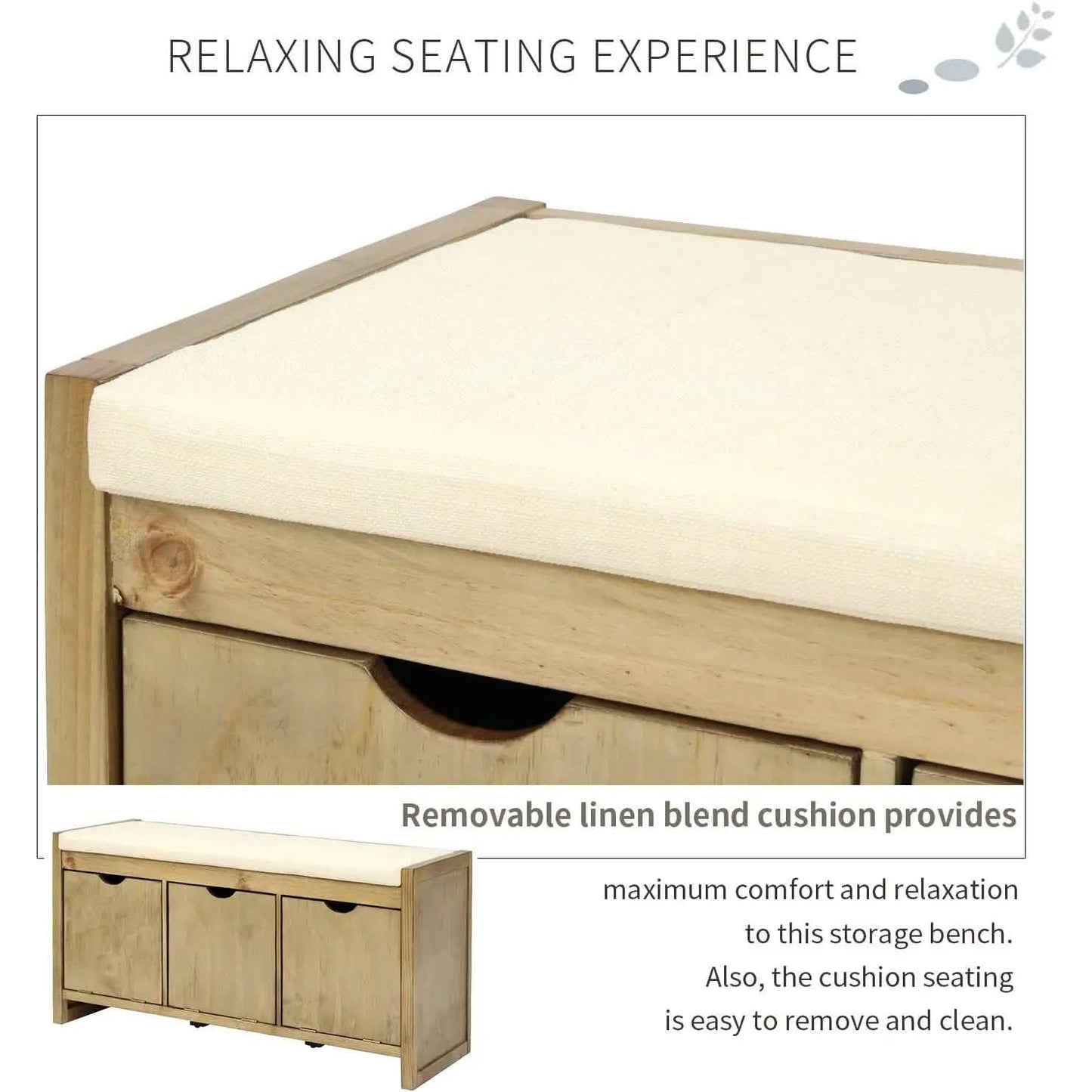 Storage Bench with Removable Cushion and 3 Flip Lock Storage Cubbies DailySale