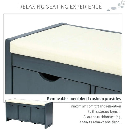 Storage Bench with Removable Cushion and 3 Flip Lock Storage Cubbies DailySale